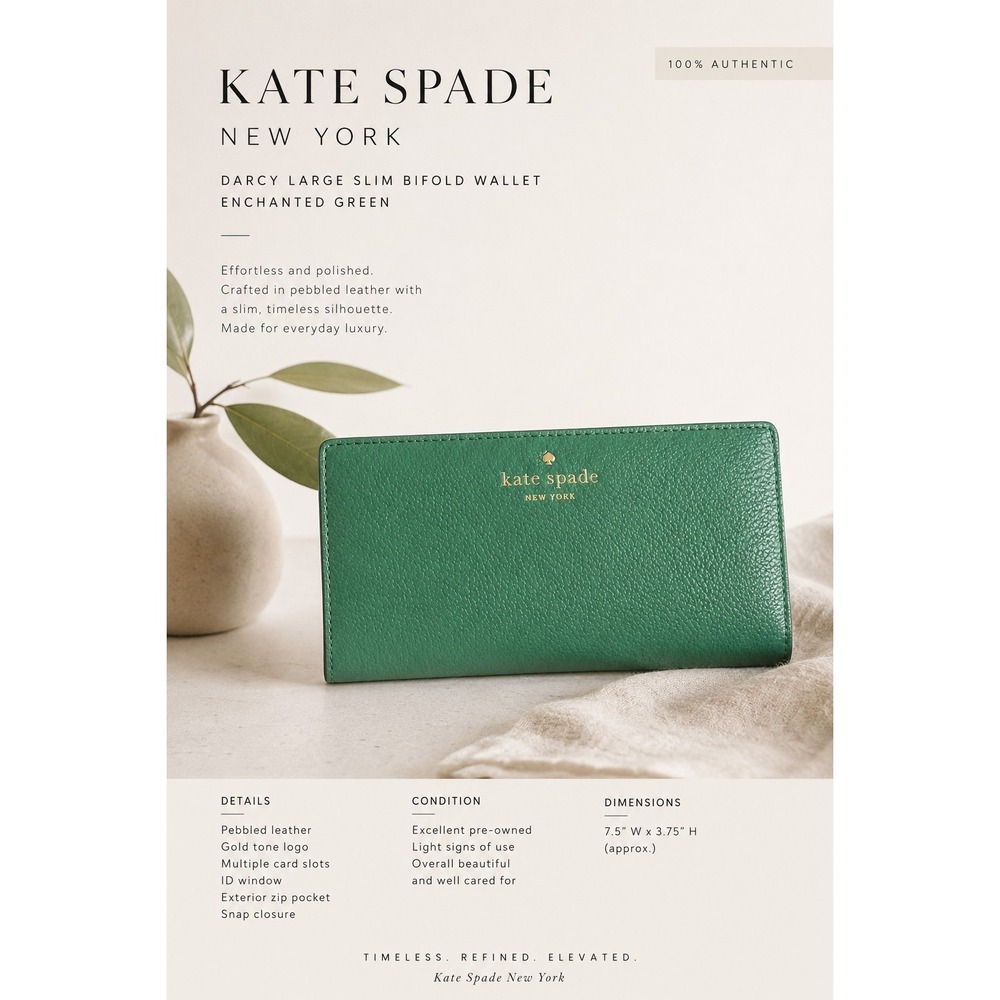 Kate Spade New York‎ Darcy Slim Bifold Wallet Designer Green Leather Snap Zipper